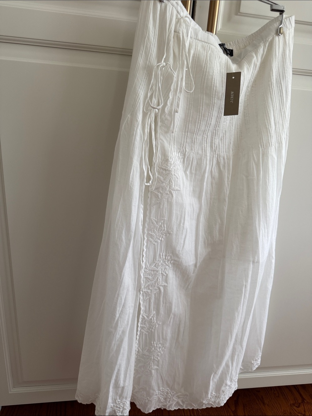 J. Crew White Maxi wrap Skirt with Embroidered detail, tie trims S NWT